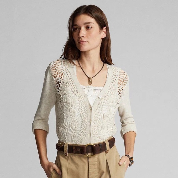 RRL Ralph Lauren Crochet-Paneled Cardigan - Picture 1 of 11